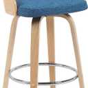 Sonia Modern Swivel Counter Height Bar Stool with Blue Upholstered Seat and Patterned Oak Wood Finish Set of 2, 26" Seat Height