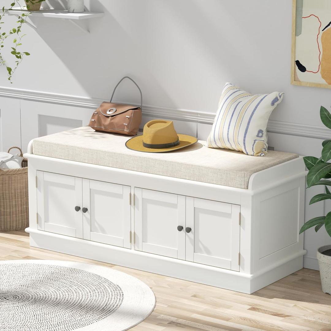 42.7 Storage Bench w/4 Doors and Adjustable Shelves, Shoe Bench w/Removable Cushion & Seating for Entryway Living Room Hallway Bedroom, White