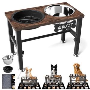 SHAINFUN Elevated Dog Bowls with Slow Feeder & Mat for Medium and Large Dogs, 12" Tall Adjustable Wooden & Metal Raised Dog Bowl Stand, 2 Stainless Steel 58oz Bowls for Food & Water