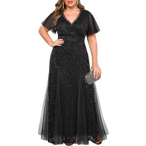 Plus Size Formal Dress - Evening Gowns Wedding Guest Mother of The Bride Sequin Lace Mermaid Tulle Hem Prom Long Dress (Black, XL)