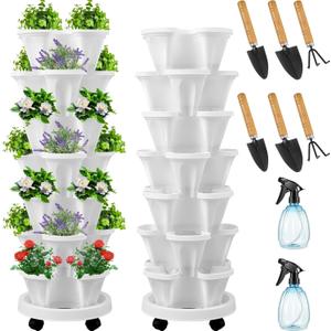 Umigy 2 Set of 7 Tier Vertical Planter Stackable Tower Planters Strawberry Herb Flower and Vegetable Pots Indoor Outdoor Gardening Pots with Removable Wheels and Tools(White,Classic)