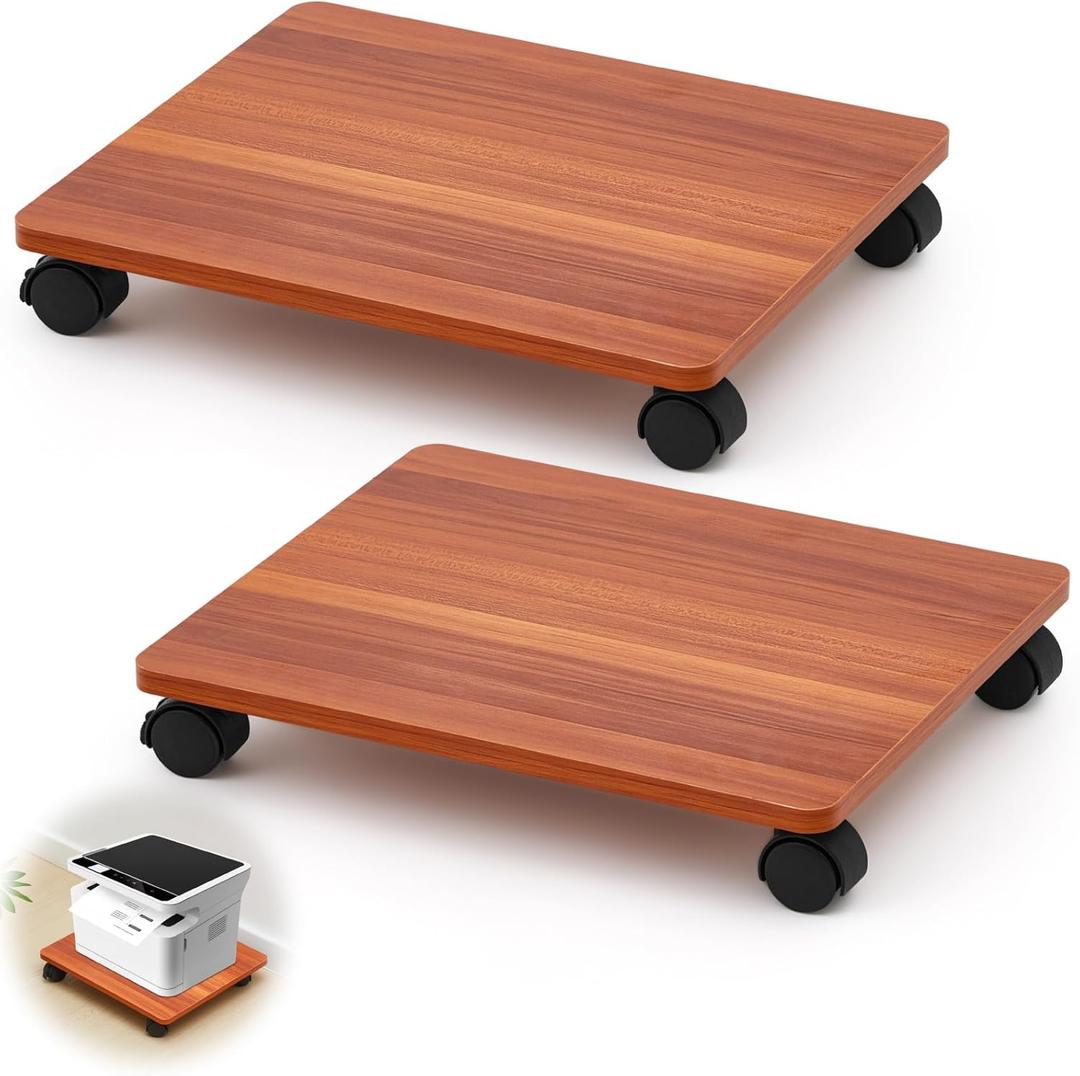 2 Pcs Office Under Desk Printer Stand with 4 Caster Wheels Walnut Movable Printer Copier Shelf and CPU Holder for Home Office Heavy Duty Storage Rack Scanner Fax Machine, 13.78 x 11.81 Inches