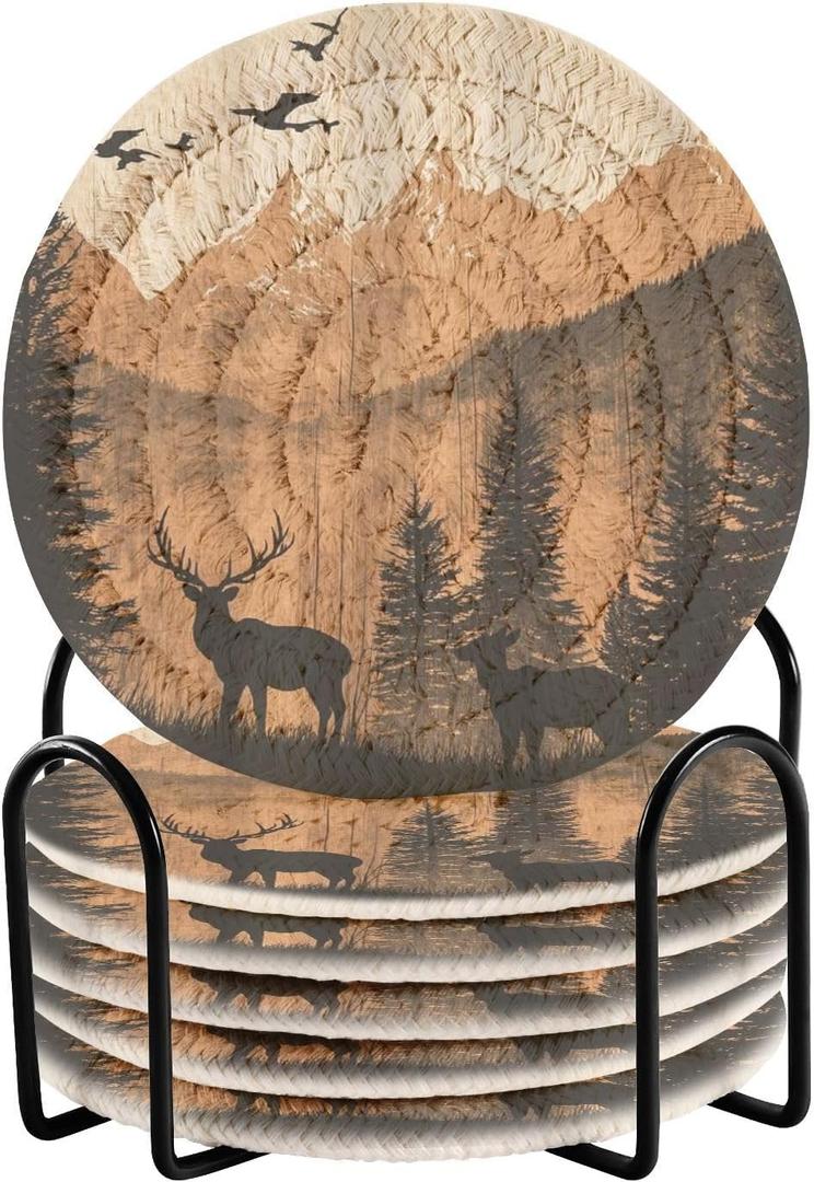 6 Pcs Deer Mountain Drink Coasters with Holder,Round Woven Coaster Set Absorbent Coasters for Tabletop Protection Table Home Decor, 4 Inch