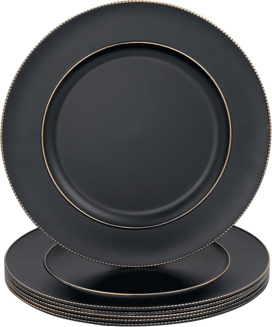 MAONAME Black Charger Plates, 13" Plastic Round Charger for Dinner Plates, Plate Chargers Set of 6, Beaded Table Chargers for Wedding, Table Setting