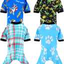 PET SHOW 4 Pack Dog Pajamas Dinosaur Shark for Extra Large Dogs Boy Soft Stretchy PJs Plaid Jumpsuit Dog Paw Onesies Outfits with Sleeve Pets Breathable Summer Clothes Costume XXXL, Blue 