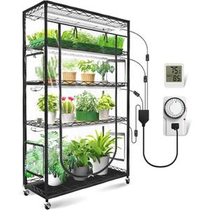 JESLED Indoor Greenhouse with Grow Light, 3FT Full Spectrum 5000K LED Light for Seed Starting, Tiered Lighting Control, Built-in Timer & Thermo-Hygrometer, Rolling Metal Plant Stand (35.4x13.8x70IN)