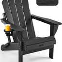 Ciokea Folding Adirondack Chair Wood Texture for Patio, Weather Resistant, Plastic Fire Pit Chair with Cup Holder, Lawn Chair for Outdoor Porch Garden Backyard Deck (Black)