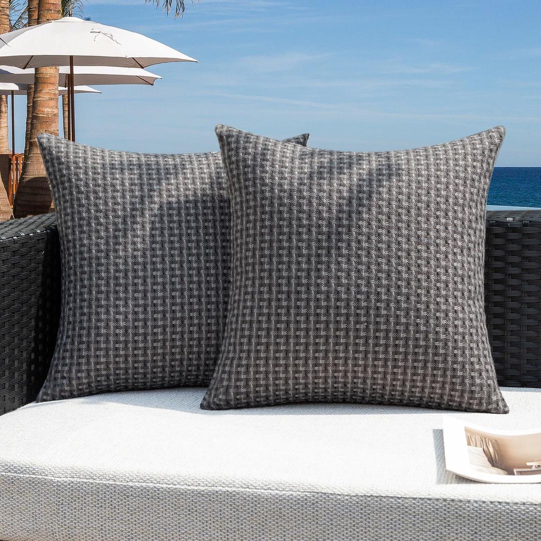 Kevin Textile Outdoor Waterproof Throw Pillow Covers Pack of 2 Farmhouse Decorative Cushion Covers for Garden Patio Tent Balcony Bench Couch Sofa 24x24 Inch, Dark Grey