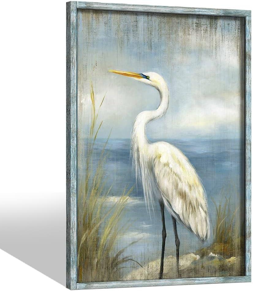 Coastal Beach Framed Wall Art: Large Heron Wooden Painting Ocean Sea Bird Prints Blue Seasacoe Picture Beach Seashore Artwork for Bathroom Bedroom Home Office