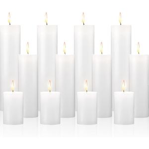 Lounsweer 12 Pcs Pillar Candles Bulk Unscented Votive Candles Wax Multi Size for Home Shabbat Weddings Spa Events Emergencies, 2 x 3, 2 x 6, 2 x 8 (White)
