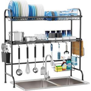 GSlife Stainless Steel Over The Sink Dish Drying Rack - 2 Tier Dish Rack Over Sink, Dish Drainer Rack with Utensil Holder and Cutting Board Holder for Kitchen Counter, Black