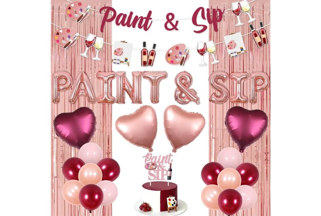Paint and Sip Party Decorations for Women Girls Paint and Sip Banner Garland Cake Topper Tinsel Curtain Art Painting Bachelorette Decors Artist Wine Date Night Birthday Bridal Shower Party Supplies