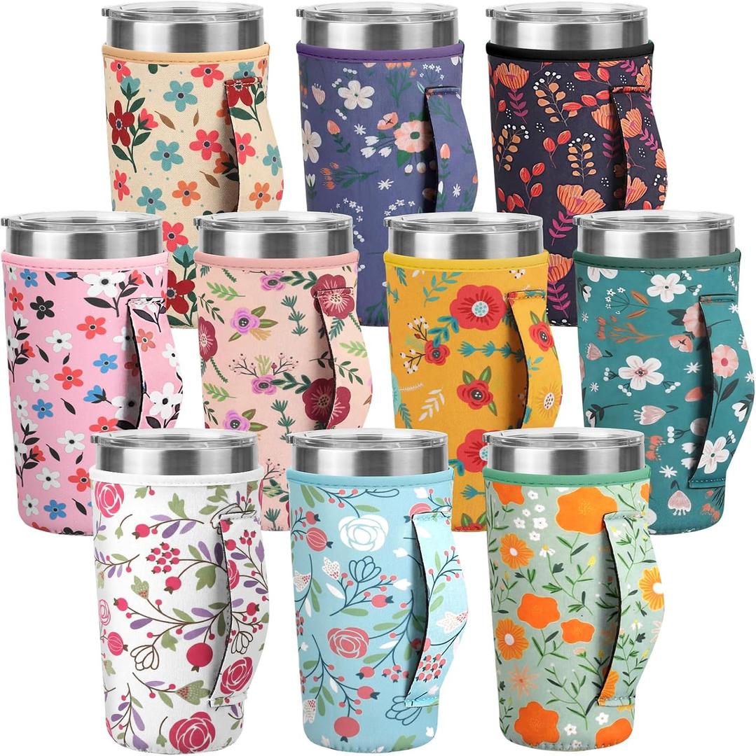 Layhit 10 Pcs Wildflower Coffee Cup Sleeves Reusable Floral Neoprene Cup Sleeve with Handle for 30 oz Cold Hot Drinks Beverages Tumbler, Wildflower Party Favors Gift Bulk