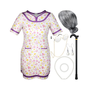 Yaomiao 8 Pcs 100th Day of School Girl's Old Lady Costume for Kids Cosplay Granny Wig Glasses Pearl Necklace Bracelet Size M Yaomiao 8 Pcs 100th Day of School Girl's Old Lady Costume for Kids Cosplay Granny Wig Glasses Pearl Necklace Bracelet Size M