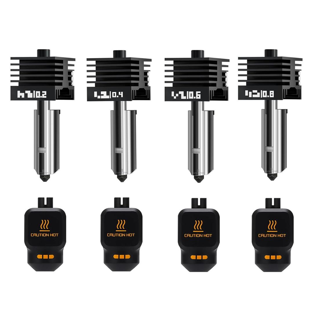 4Pack 0.2/0.4/0.6/0.8MM H2 Series/P2S Hotend for Bambu Lab H2D/H2S/H2C Combo/P2S 3D Printer, High Temperature Quick Swap Hardened Steel Nozzle Replacement 3D Printer Extruder