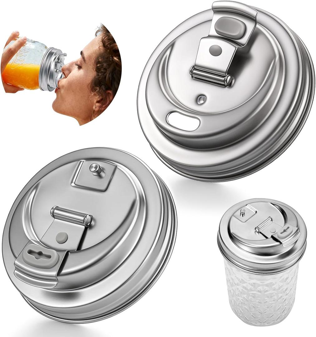 Palksky Mason Jar Drinking Lids, Stainless Steel Wide Mouth Mason Jar Sip Lid accessories, Anti cracking Leak Proof Seal Flip Cap Cover Airtight Accessories for Drink, 2 Pack