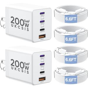 2 Pack 200W USB C Charger Block, Foldable 4-Port GaN5 Fast Type C Charging Block, Dual 65W Laptop Super Fast Charger USB C, Adapter for MacBook Pro/Air, iPad Pro, iPhone 17/16/15Pro, S25/S24 and More (White)