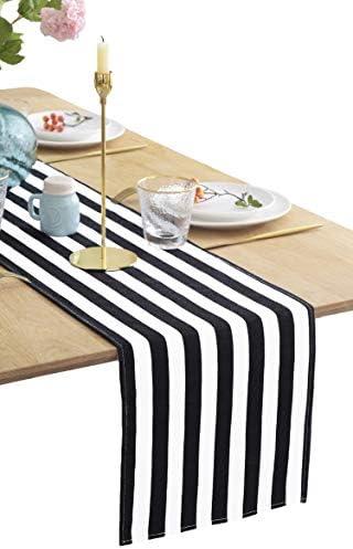 BOXAN Classic Black and White Striped Table Runner, Modern Stripes Pattern Elegant Cotton Canvas Table Top Decor for Art Deco Wedding, Bridal Shower, Bachelorette Party Decorations, 12" x 108"