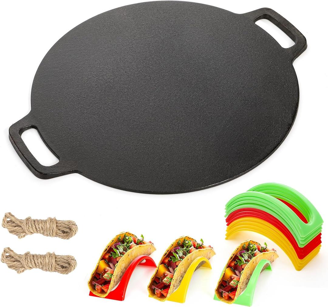 Bekith 12-Inch Cast Iron Pan with Taco Holders, Cast Iron Griddle with Dual Handle, Baking Pan for Pizza, Tortillas, Crepe, Dosa, Use in the Oven, on the Stove, on the Grill, or Over a Campfire