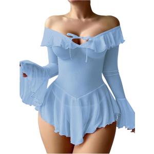 OYOANGLE Women's 2 Piece Off Shoulder Long Sleeve Ruffle Mesh Sheer Nightgowns with Thongs Babydoll Lingerie Set (Large, Light Blue)