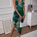 LIGHT DOT Women's Spaghetti Strap Printed Bodycon Ruched Midi Cocktail Dress Sexy Cowl Neck Tie Dye (Green, L)
