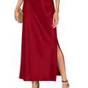 Women's Satin High Waisted Side Split Maxi Skirt Elastic Waistband Long Silk Skirts A-Line Skirts for Women (Red, L)