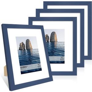 8x10 Picture Frame Set of 4, 8 x 10 Wood Photo Frames with Mat for 5x7, Natural Wooden Frame with Real Glass Cover for Wall and Tabletop Display,Blue