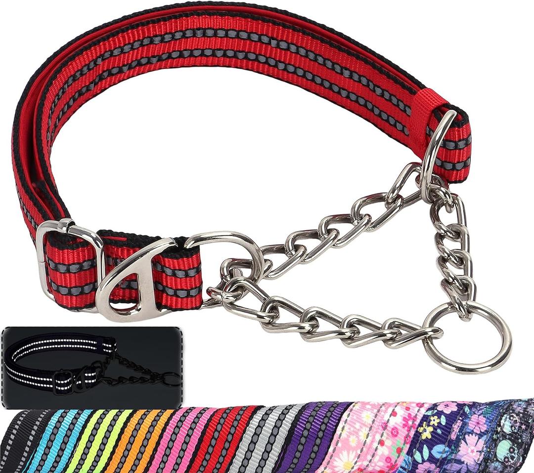 Martingale Dog Collar for Training,Adjustable No Pull Reflective Collar with Chain for Medium to Large Dogs Secure/Comfortable Walking Collar for Night SafetyRed M