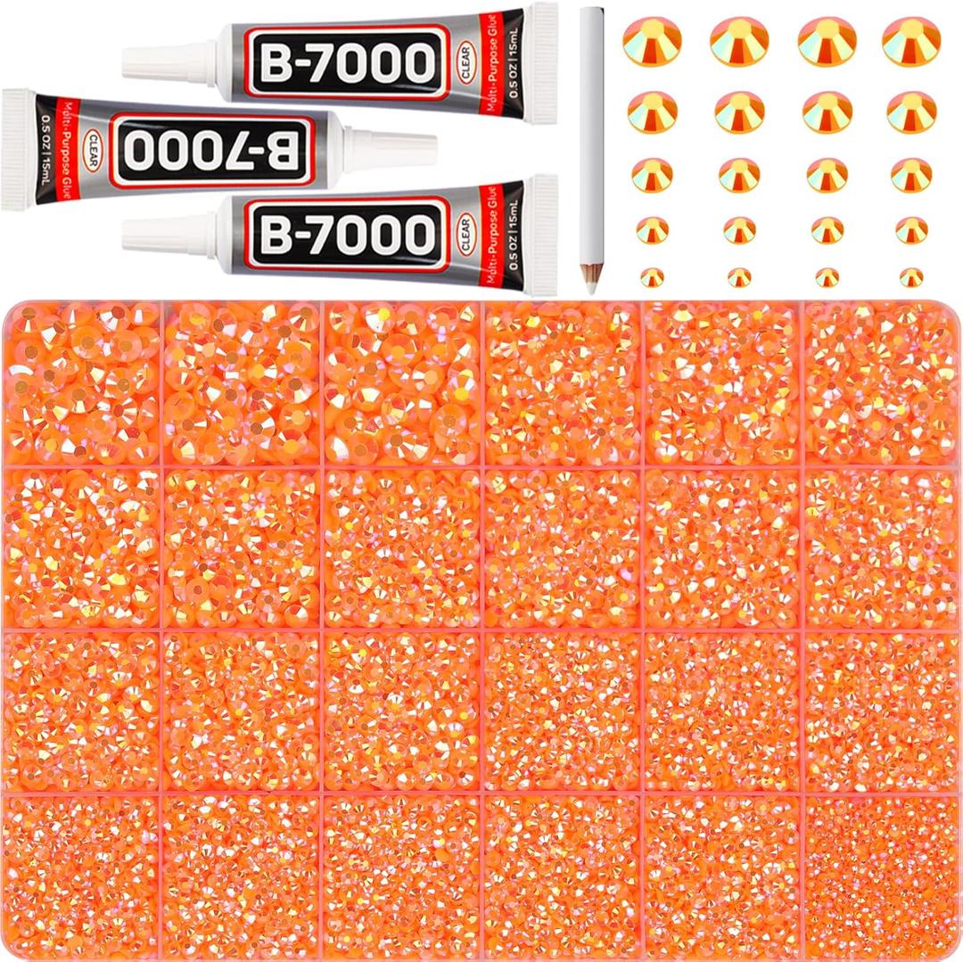32000 Pcs Orange Rhinestones Gems for Bedazzling Bedazzle, Flatback Jelly Orange ab Bedazzler Crystals Diamond Gemstone Jewel Resin Stone for Crafting Crafts Clothes 2-6mm Assorted Sizes and B7000 Glue (Large Pack + 3pcs Glue)