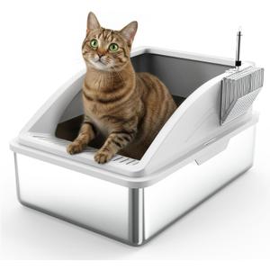 Stainless Steel Litter Box XL with Lid – Enclosed Cat Litter Box for Large Cats, High Sided Leak Proof Metal Litter Box, Easy Clean Non Stick Odor Control