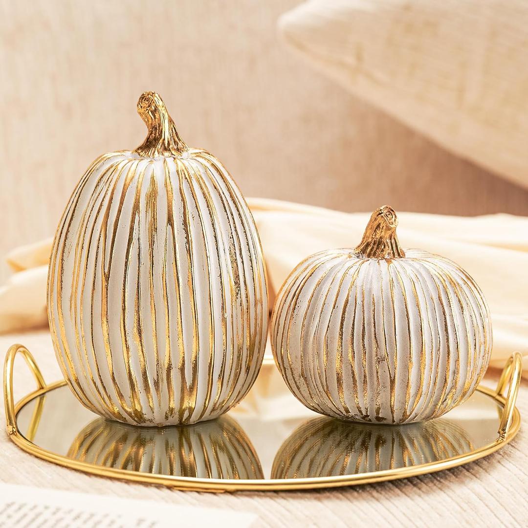 DN DECONATION White and Gold Fall Pumpkin Decorations Thanksgiving Table Centerpieces, 2 Pcs Artificial Luxury Resin Pumpkins Figurines for Decorating, Autumn Harvest Fall Home Decor Shelf Mantel (Set of 2)