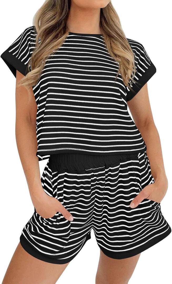 Tankaneo Womens Summer 2 Piece Sets Striped Short Sleeve T Shirts and Shorts Loungewear Matching Set (Large, Black)