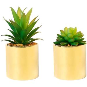Faux Succulent Artificial Plants 7'' & 5'' in Pots Home Decoration Set of 2 Gold Pots