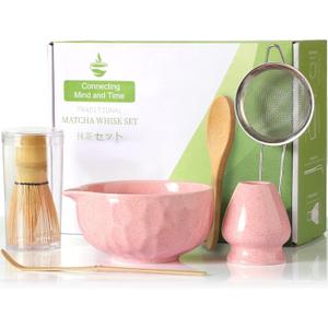 Matcha Whisk Sets,Japanese Matcha Set,Matcha Bowl with Spout,Matcha Whisk and Holder,Bamboo Scoop,Sifter - 6 Pcs Tea Set for Matcha Lover,Tea Ceremony,Thanksgiving,Christmas Gifts (Pink)