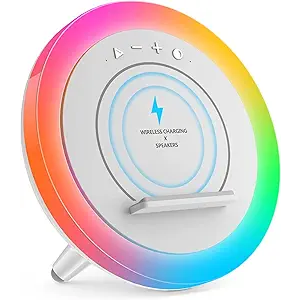 Bluetooth Speaker Night Lights, Wireless Charging Kids Speaker, Color Changing Modern Bluetooth Lamp,Teenage Boys Girls Gifts Ideas (15W Wireless Charging with Battery)