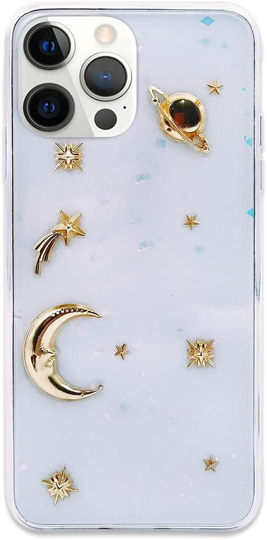 2 x Bonitec Compatible with iPhone 14 Pro Max Case 3D Clear Luxury Moon Star Universe Silicone Bedazzled Sparkly Transparent Glitter Anti-Scratch Non-Slip Protective Fashion for Women and Girls (Gold)
