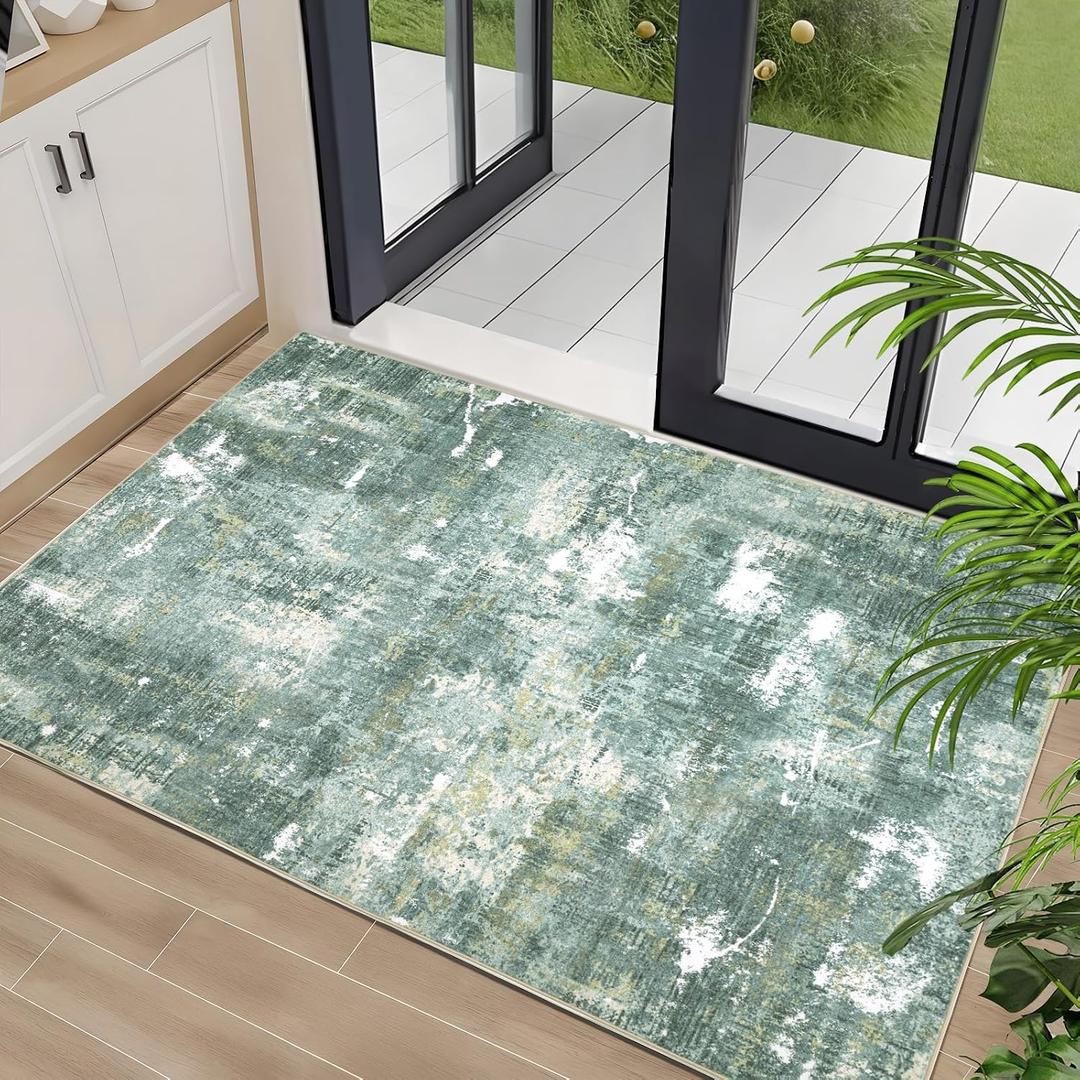 Modern Abstract Washable Area Rug for Entryway,Low Pile Indoor 2x3 Non Slip Carpet Non-Shedding Area Rug Soft Stain Resistant Rug Sage Green