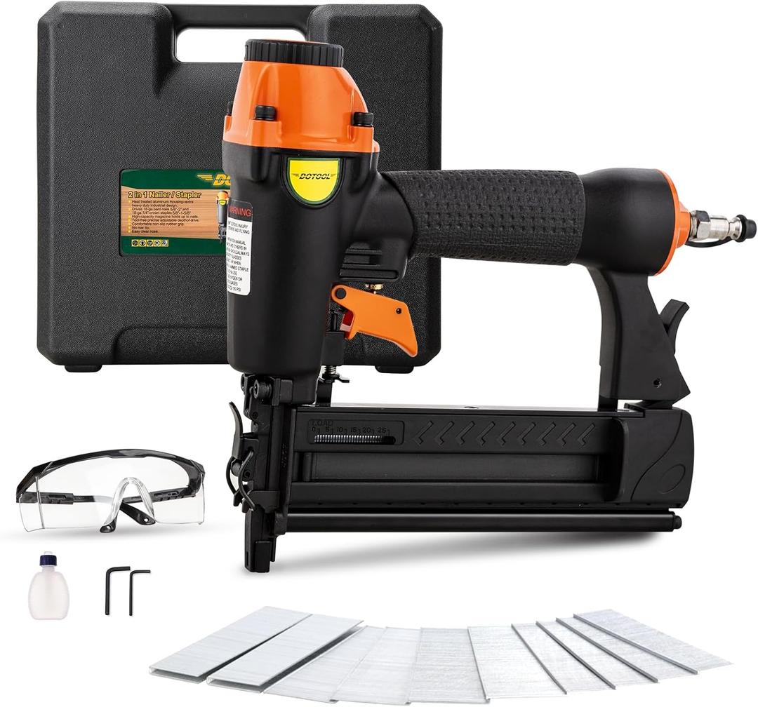 Pneumatic Brad Nailer,18 Gauge,2 in 1 Air Nail Gun Staple Gun,Accepts 2 Inch Brad Nails and Crown 1-5/8 inch Staples,with Carrying Case and 1000pcs Nails,for Carpentry, DIY,Woodworking (Black)