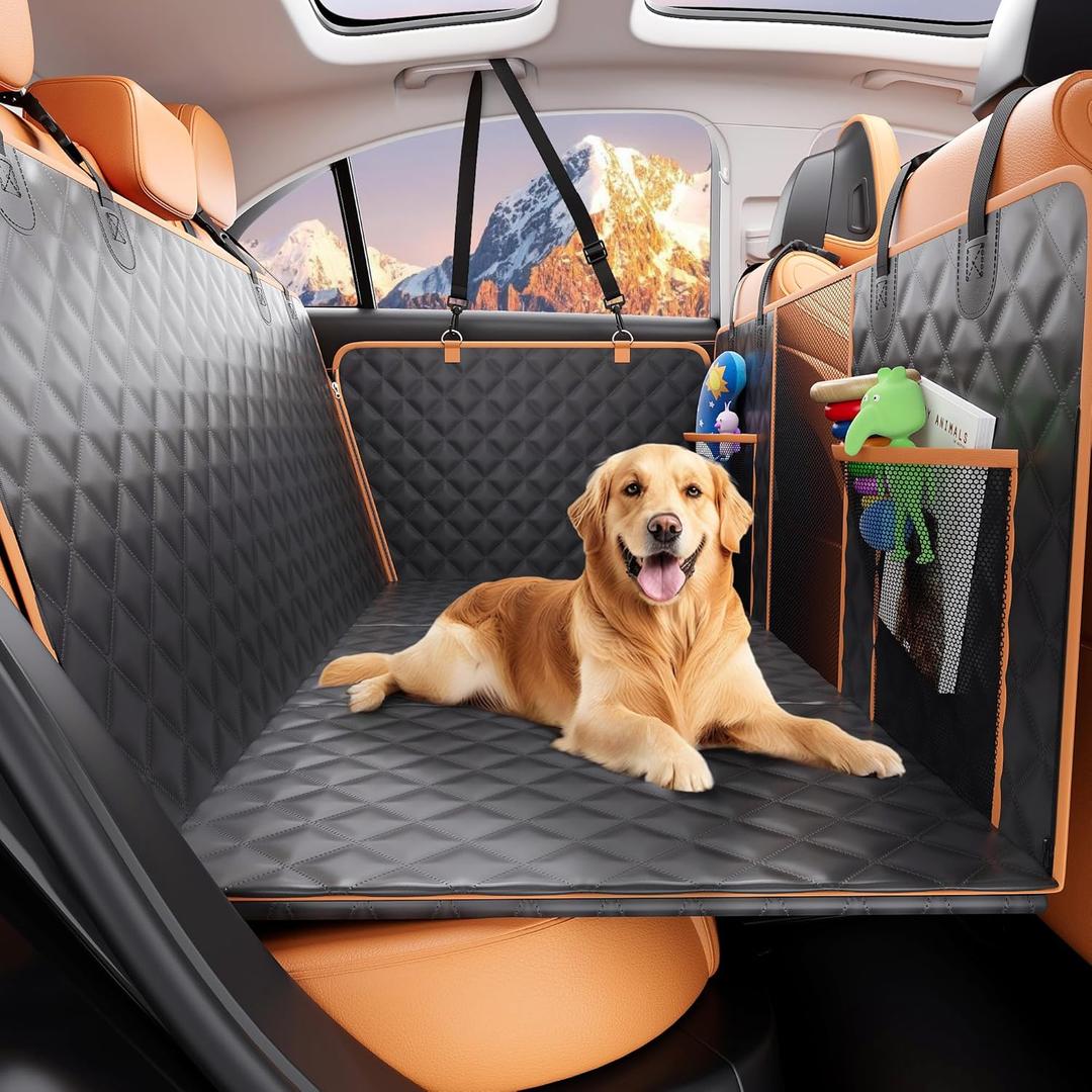 Pet Car Seat Cover Backseat - Upgraded Back Seat Extender for Dogs, 600D Scratchproof, PU Thickened, Waterproof Hammock, 400 lbs, Easy to Clean/Install, Universal for Cars SUV Truck, Pet Protector (Orang peel and orang edge)