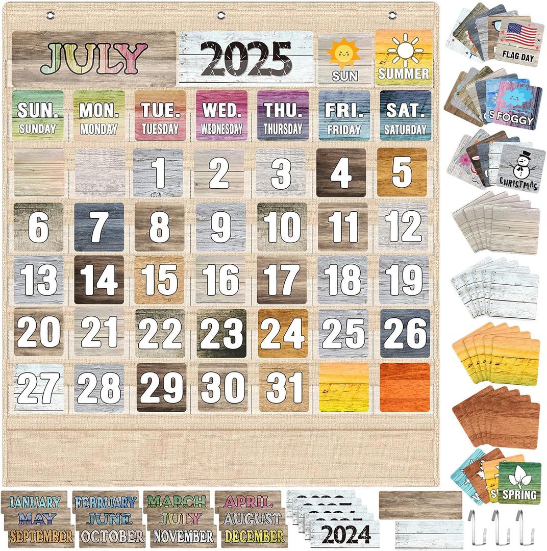 Fulmoon Classroom Calendar Pocket Chart Set Calendar Bulletin Board Set with Pocket Seasons Festival Weather Date Bag Chart for Classroom Decoration Back to School Supplie(Kraft Colors,Rustic)