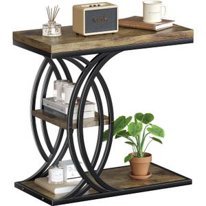 C Shaped End Table, Bed Side Table, 3-Tier Side Table with Metal Frame, Wood End Table with Storage for Living Room, Couch, Sofa, Bedroom, Easy Assembly, 23.6" D*11.8" W*23.6" H, Rustic Brown