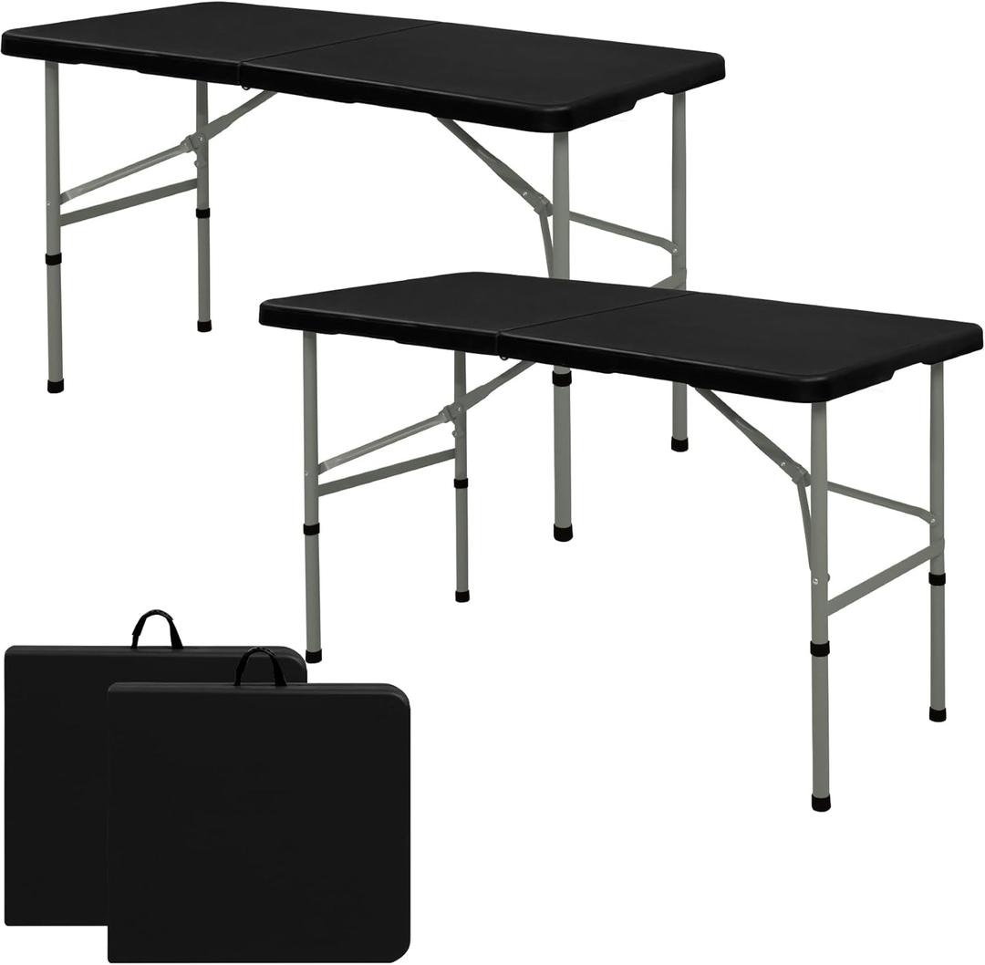 Set of 2 Folding Table 4FT Camping Table Portable Heavy Duty Plastic Rectangular Outdoor Dining Table Steel Legs Fold-in-Half with Carrying Handle for Indoor,Picnic,Party,Wedding,Events(Black)