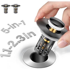 (2 Pc) Bathroom Sink Stopper-All Metal Sink Stopper-Universal Fit 99% Bathroom Stopper with Removable Stainless Steel Hair Catcher- Basin (1.1'' to 2.36'' inch) - Black