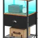 Nightstands with Charging Station, LED Bedside Tables with Charging Station and Fabric Drawer, Night Stand with Storage, 3 Tier Side Table with Open Shelf, Nightstand Bedside Table, Rustic Brown