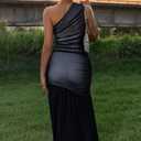 Memoriesea Women's Sexy One Shoulder Mesh Ruched Bodycon Formal Cocktail Maxi Dress (Black)