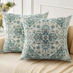 Boho Throw Pillow Covers 18x18 inch Set of 2,Linen Bohemia Carpet Pattern Decorative Living Room Sofa Bed Square Pillow Case Cushion Cover-Dark Cyan