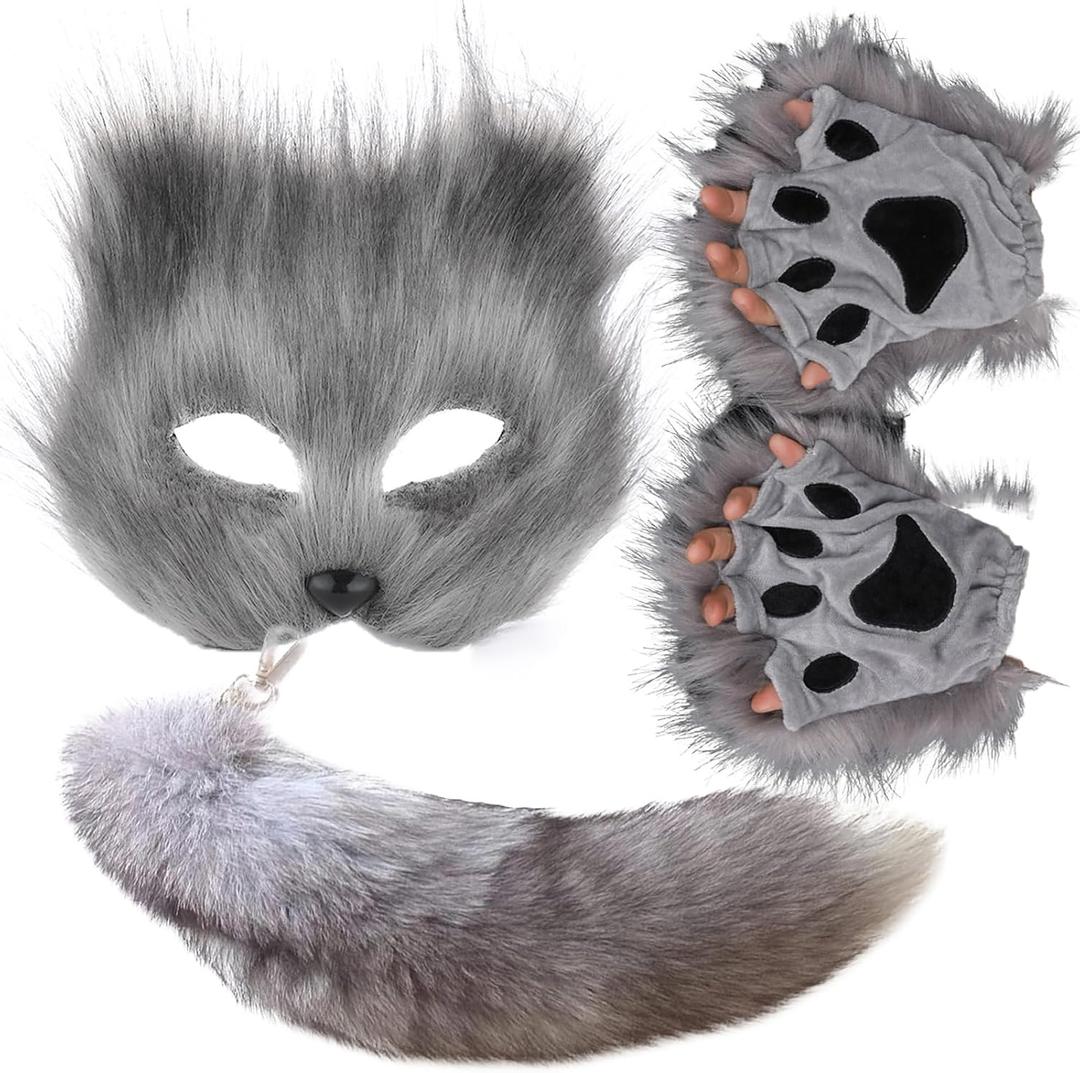 Valpeak Therian Mask and Tail Set for Girls Halloween Cat Mask Tail Cosplay Fox Mask Wolf Tail Over 1 Years Old (Gray Mask Set of 3)