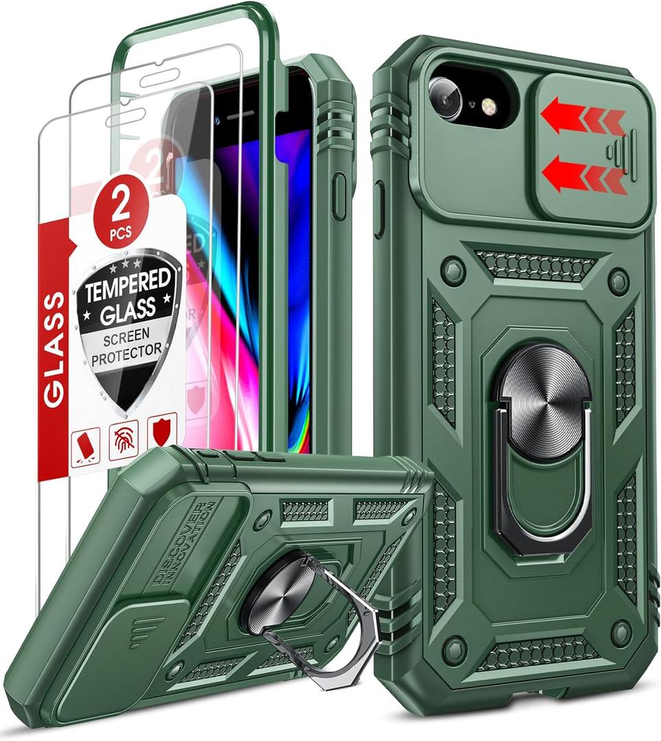 LeYi Compatible for iPhone SE 3rd/ 2nd Generation Case: 7/8/ SE 2022 2020 Phone Cover with Slide Camera Cover+ 2pcs Tempered Glass Screen Protector, Full Body Case with Kickstand for SE, Green
