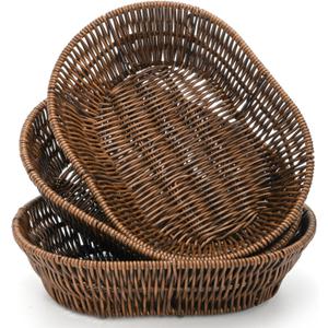 3 Pack Wicker Bread Basket, 11 Inch Woven Oval Food Baskets for Serving, Tabletop Stackable Pantry Organizer Bin for Home Kitchen, Restaurant, Bakery, Fruit Vegetable Storage, Brown
