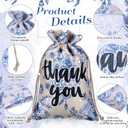 Sweetude 50 Pcs 4 x 6 Inch Thank You Floral Burlap Gift Bags with Drawstring and 50 Pcs Tags Chinoiserie Blue Floral Bag Bulk Treat Bags Candy Goodies Sacks for Wedding Birthday Bridal Baby Shower